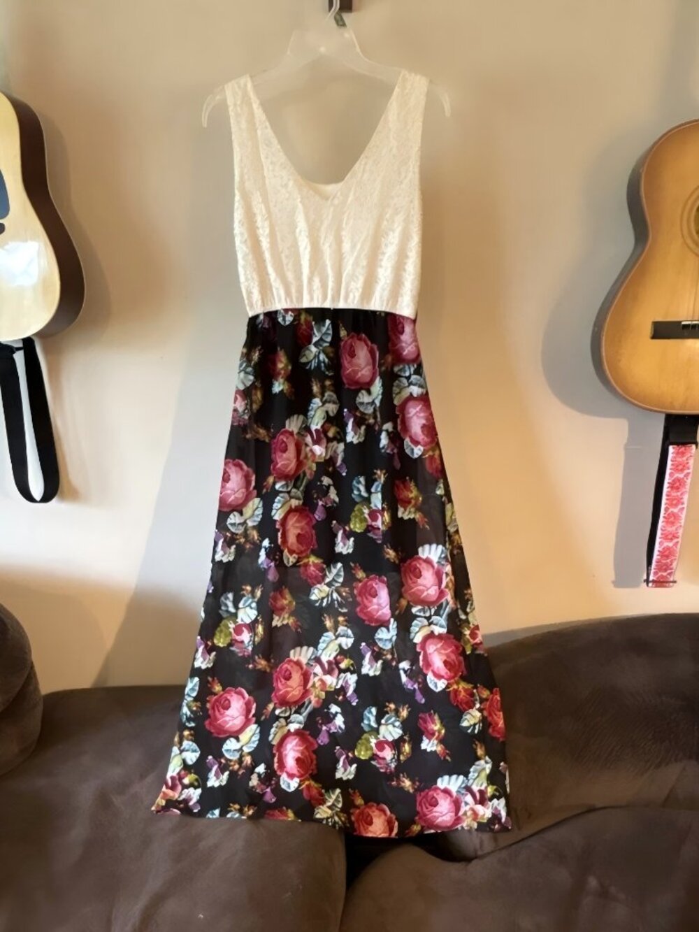 Indulge White Black Lace Floral Long Sleeveless A-Line Dress Scoop Neck Size M